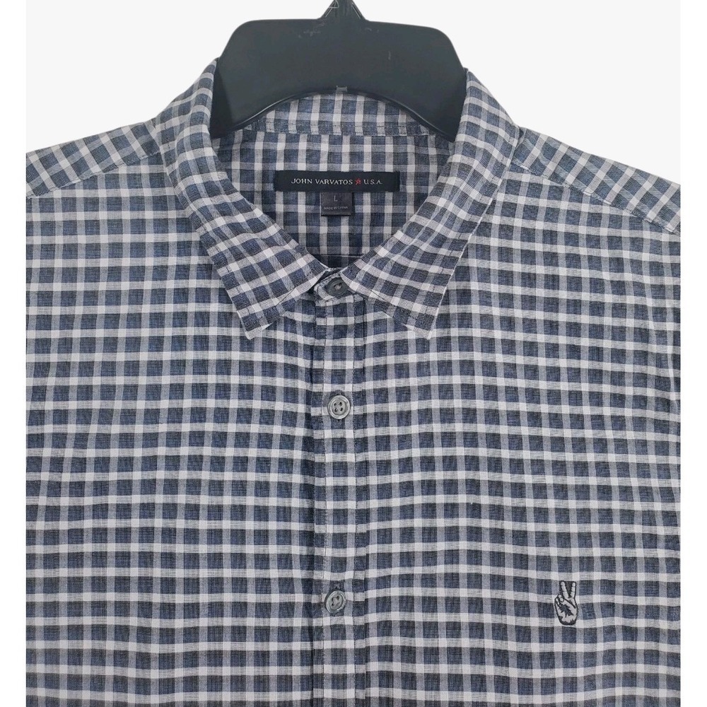John Varvatos Shirt Mens L Button Down Gray White Plaid Lightweight Cotton Twill